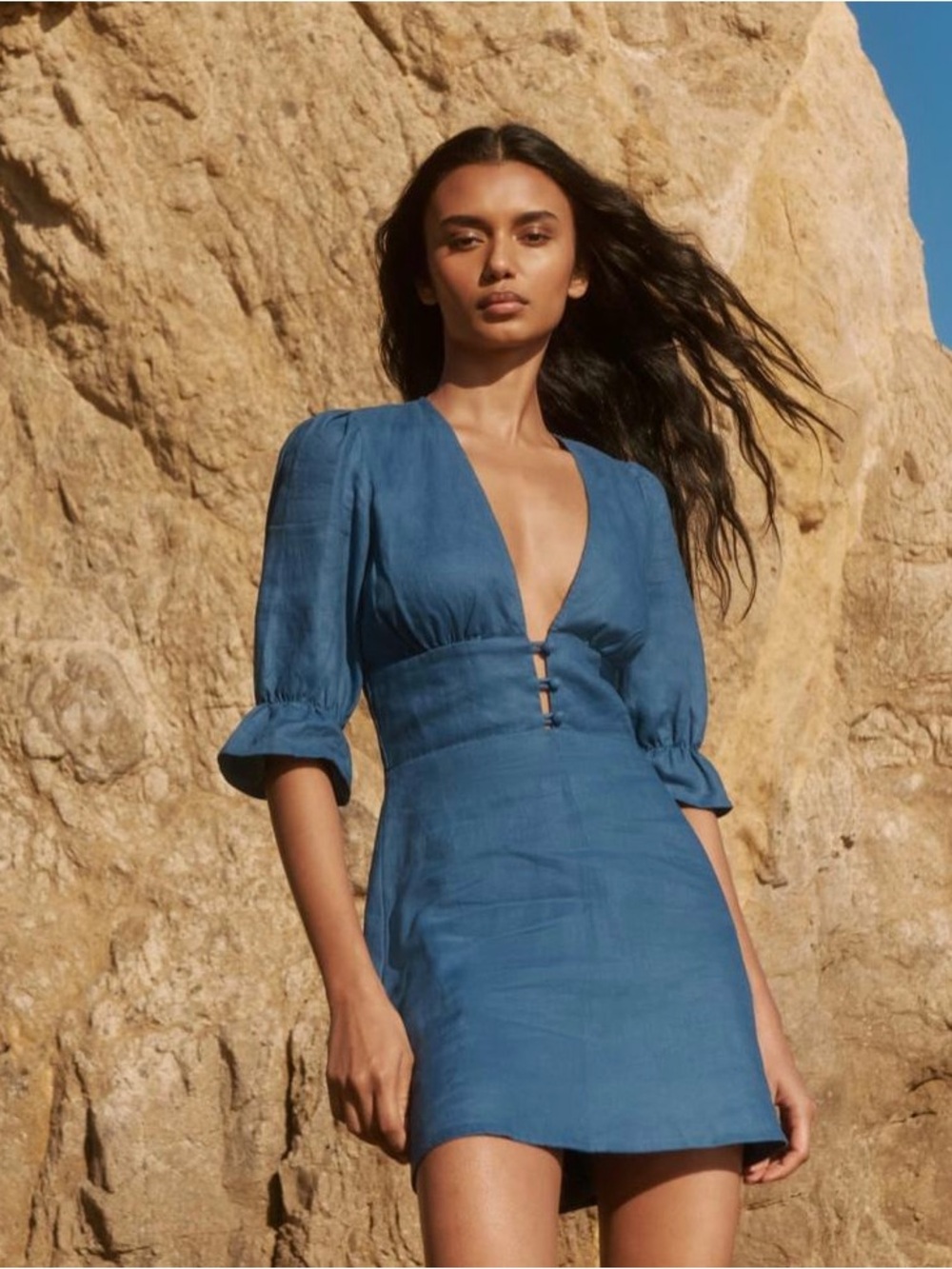 Reformation Blue Puff-Sleeve V-Neck Mini Dress